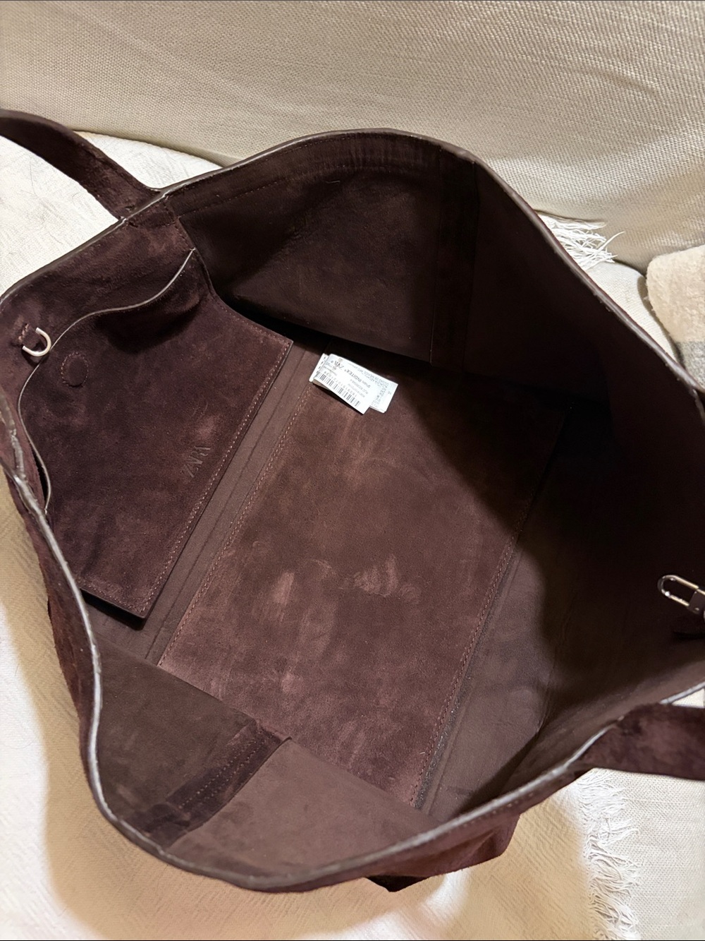 Zara Elongated Horizontal Suede Leather Tote Bag Dark Brown - Picture 6 of 6